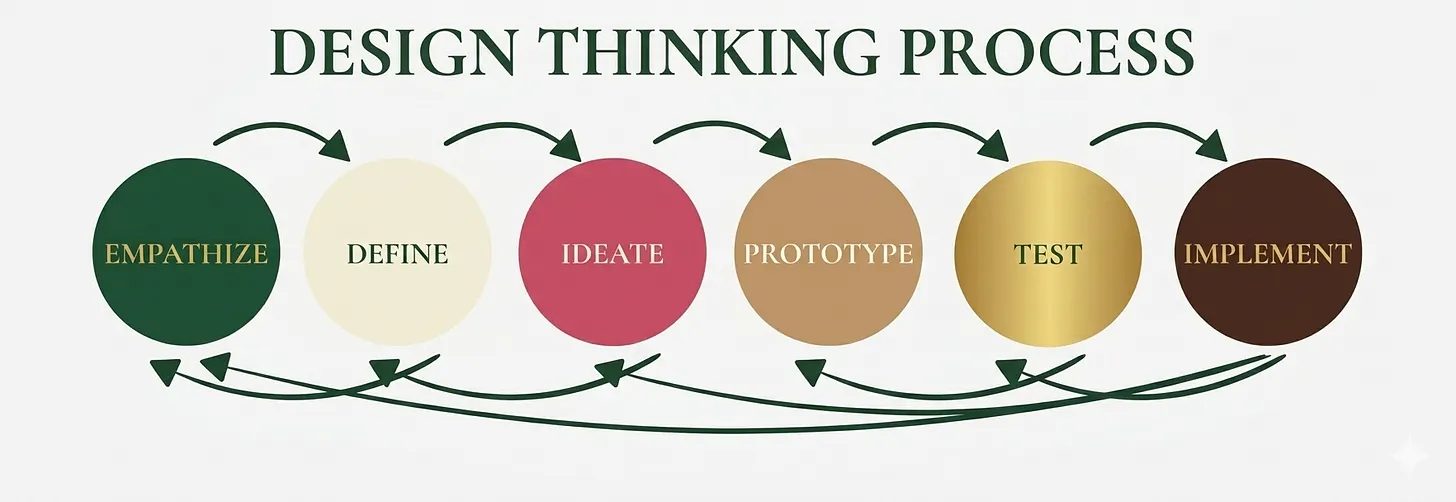 Der Design-Thinking-Prozess mit den sechs Phasen Empathize, Define, Ideate, Prototype, Test, Implement und iterativen Schleifen.