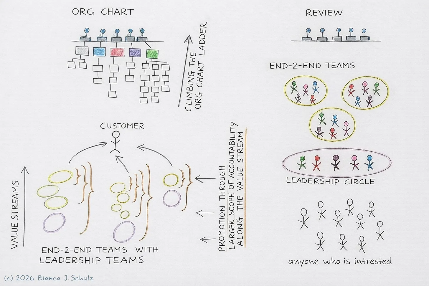 Skizze: Vom hierarchischen Org-Chart zu End-2-End-Teams entlang der Value Streams, mit einem Leadership Circle