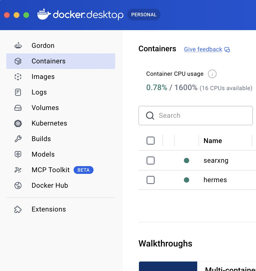 Docker Desktop showing the running searxng and hermes containers