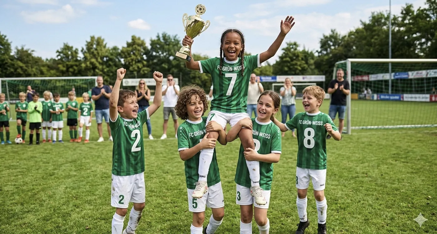 A children's football team in green jerseys celebrating with a trophy — a picture of what a high-performing team looks and feels like.
