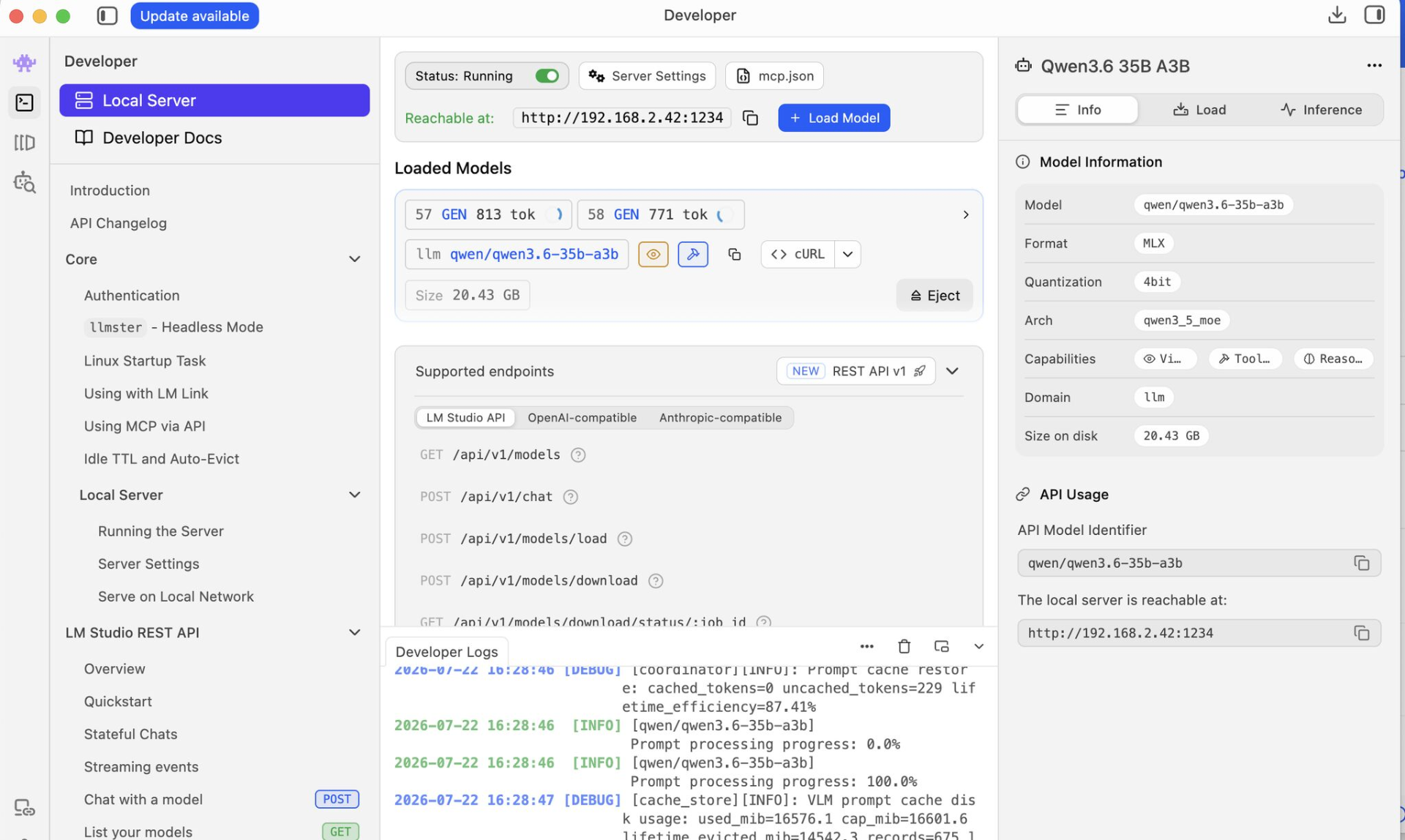 LM Studio developer view with the Qwen3.6 35B A3B model loaded and a local server running